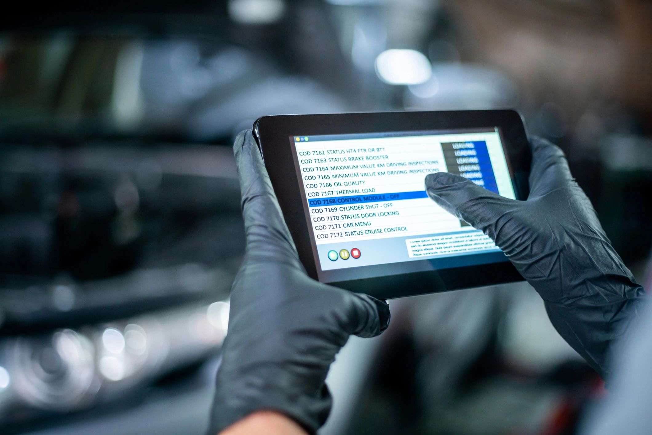 Close-up of mechanic using a tablet to check vehicle sensors