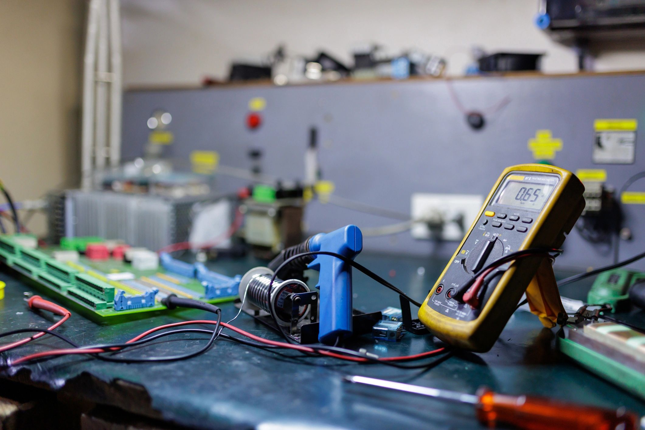 Diagnostic tools and equipment on a workbench