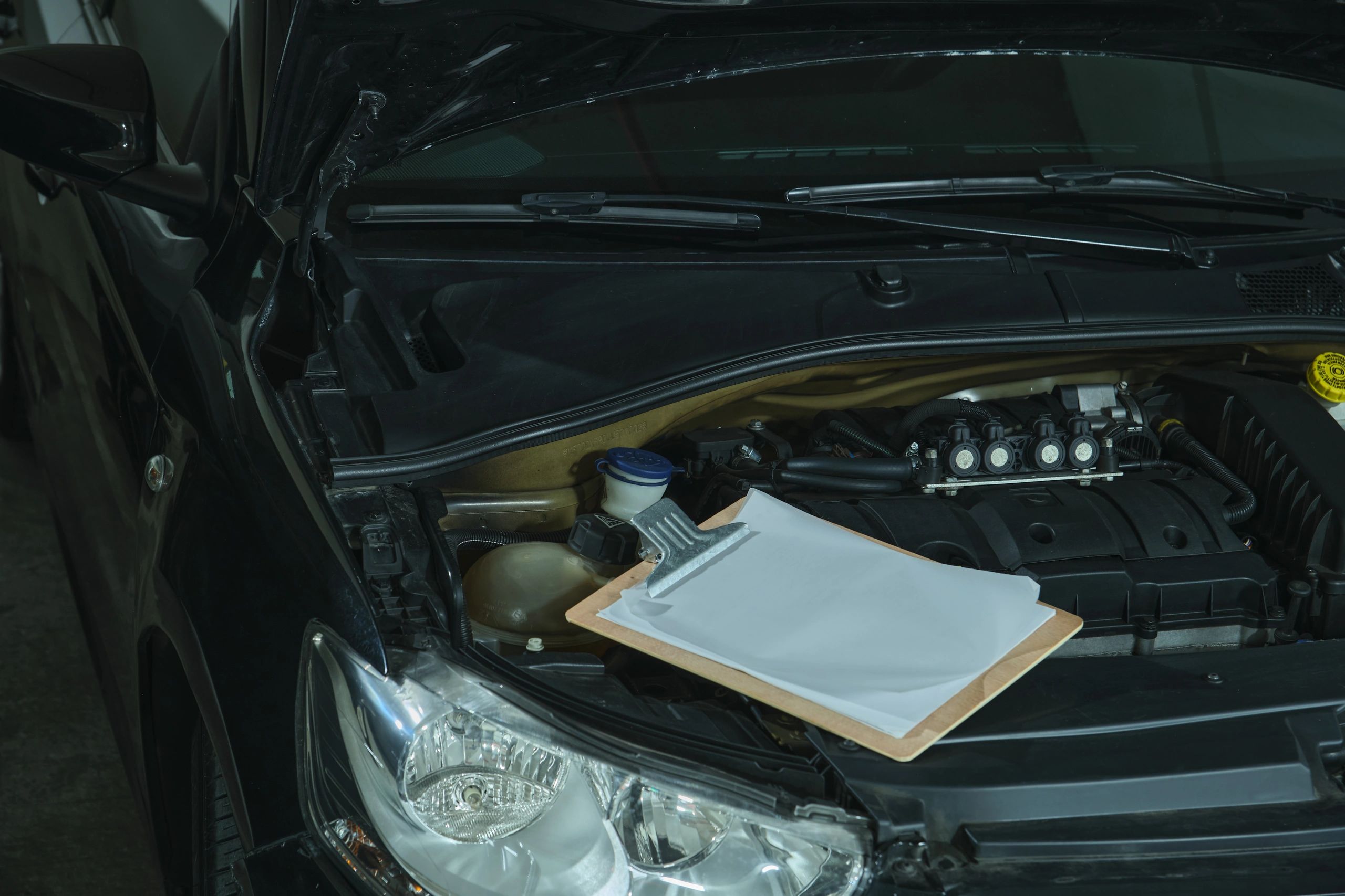 Open hood with maintenance checklist and clipboard